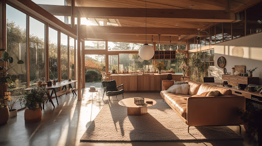 Modern open-concept living room with custom built-ins and natural textures, reflecting 2025 home remodeling trends.